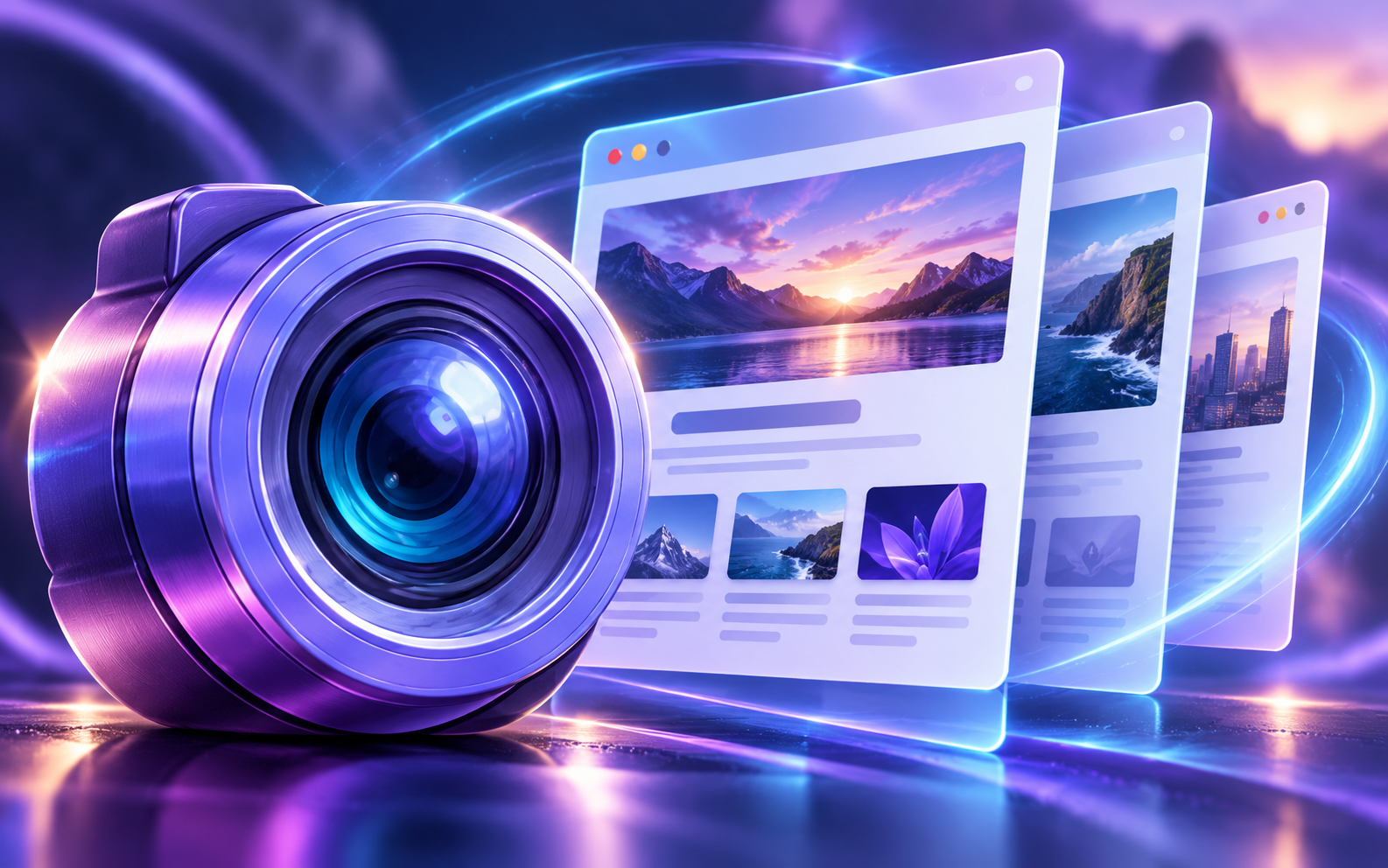 Concept illustration of a camera and website pages for VISINVOKE Capture